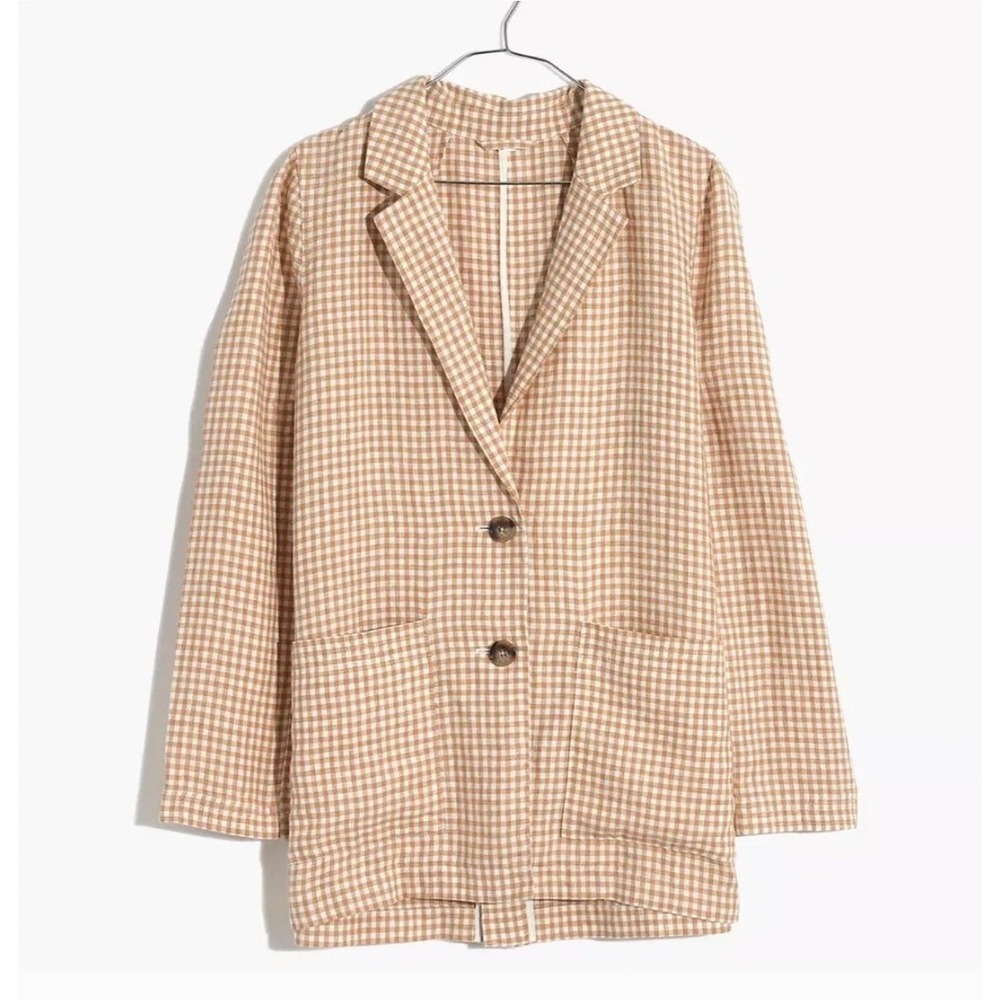 Madewell 100% Linen Gingham Plaid Blazer XXS Orange White Light Boho Preppy Work